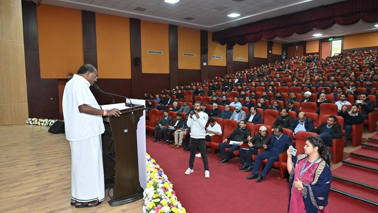 Union Steel Minister HD Kumaraswamy addressing a gathering on technology and innovation in Haryana recently.