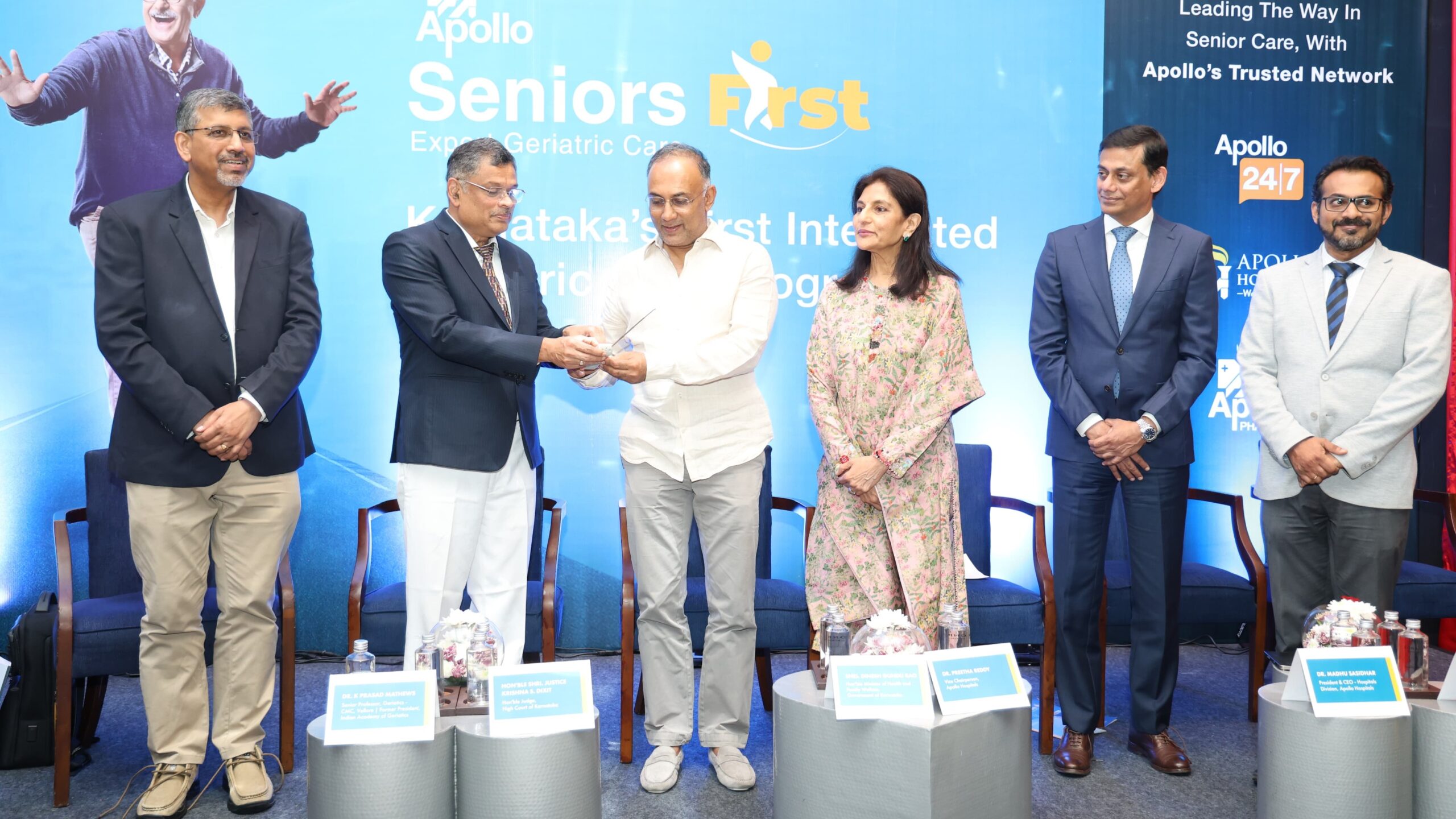Karnataka Health Minister Dinesh Gundu Rao and Apollo Hospitals senior management unveiling the 'Seniors First' healthcare mission in Bengaluru recently.
