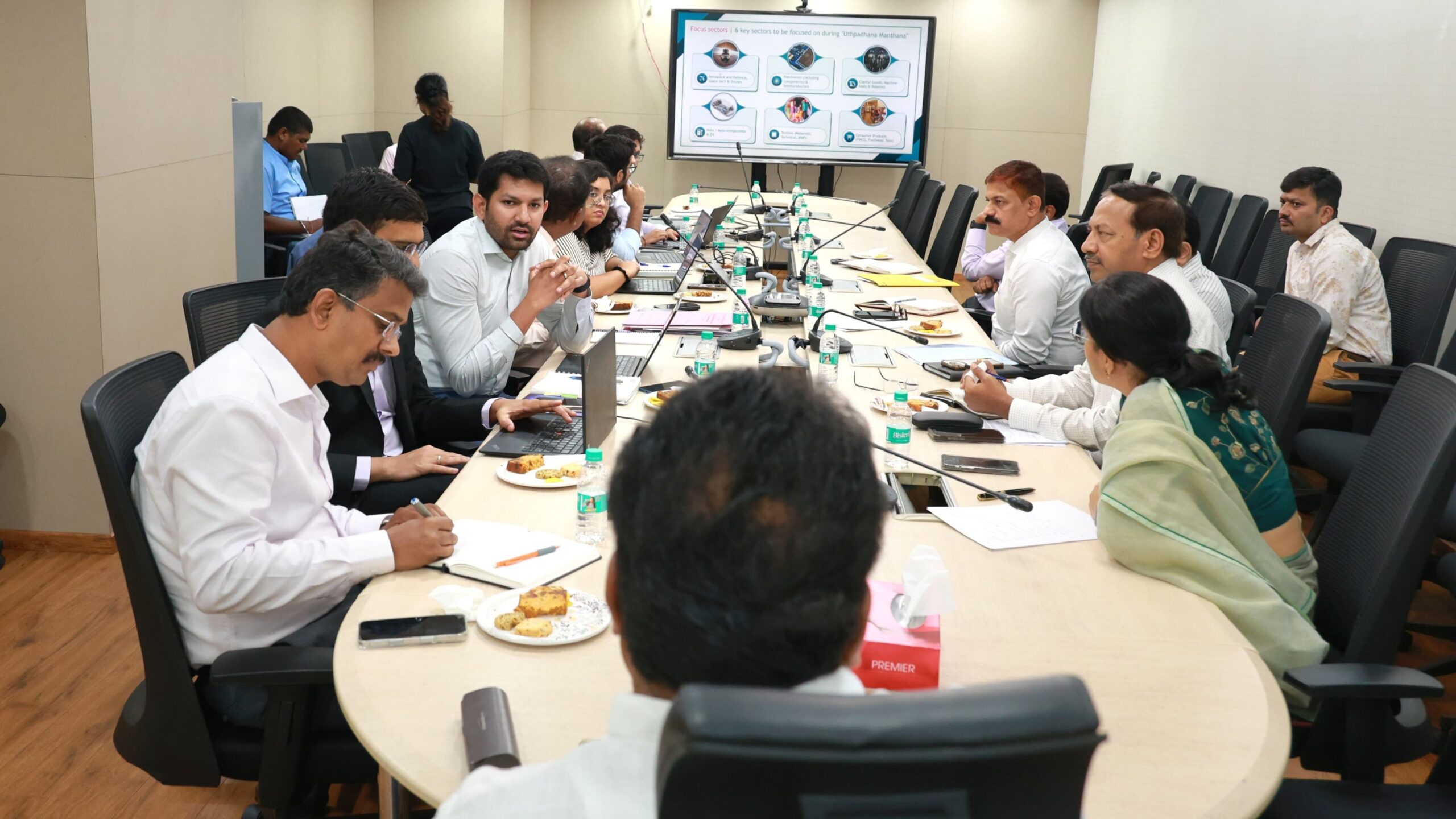 Industries Minister MB Patil chairing a meeting with officials on ways to make Karnataka a manufacturing powerhouse.