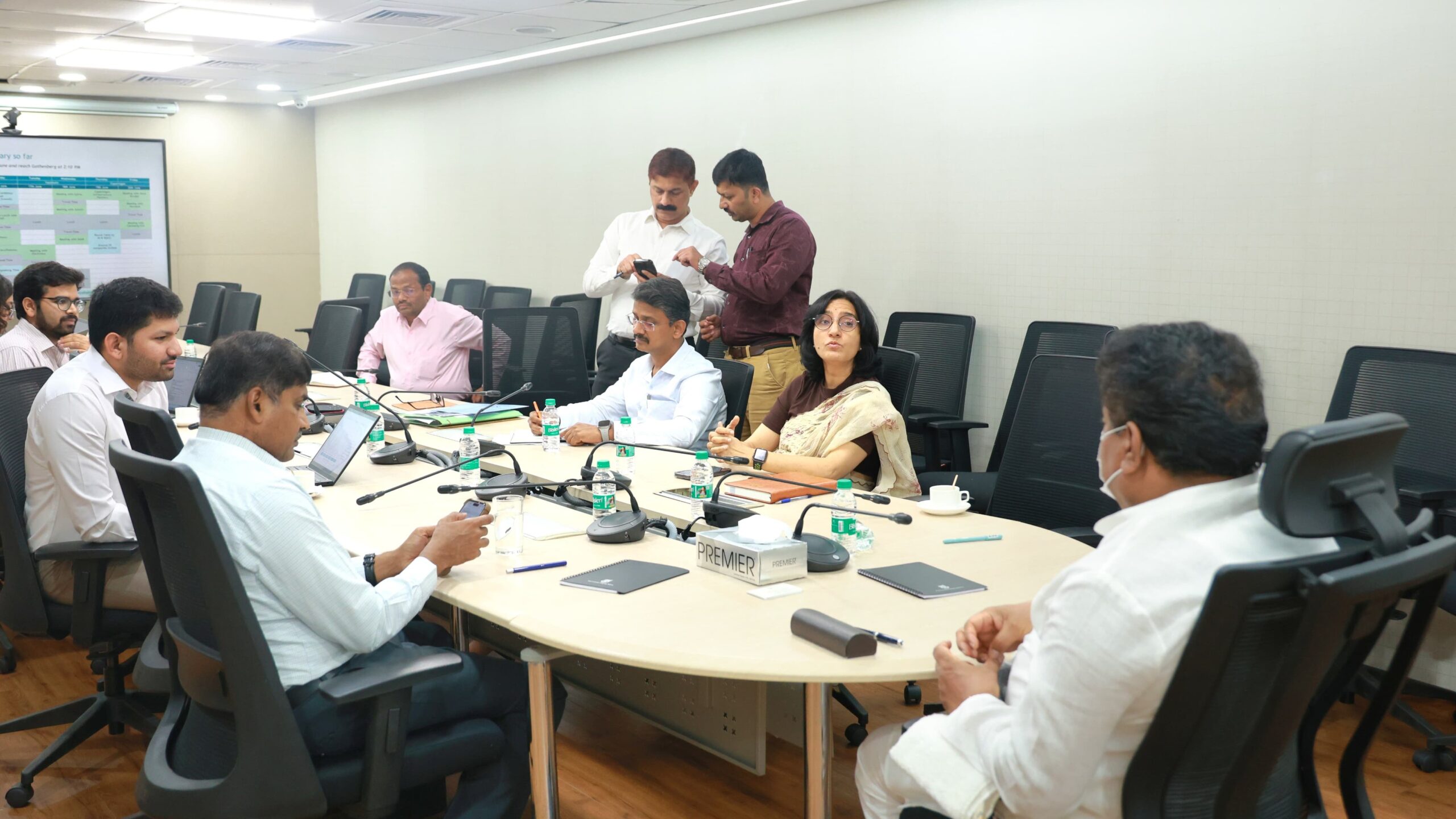 Industries Minister MB Patil discussing the scheduled meeting with industry leaders on June 10, with departmental officials.