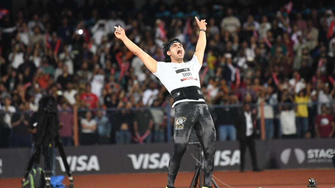 Neeraj Chopra celebrating his triumph at the Neeraj Chopra Classic 2025 javelin competition in Bengaluru.