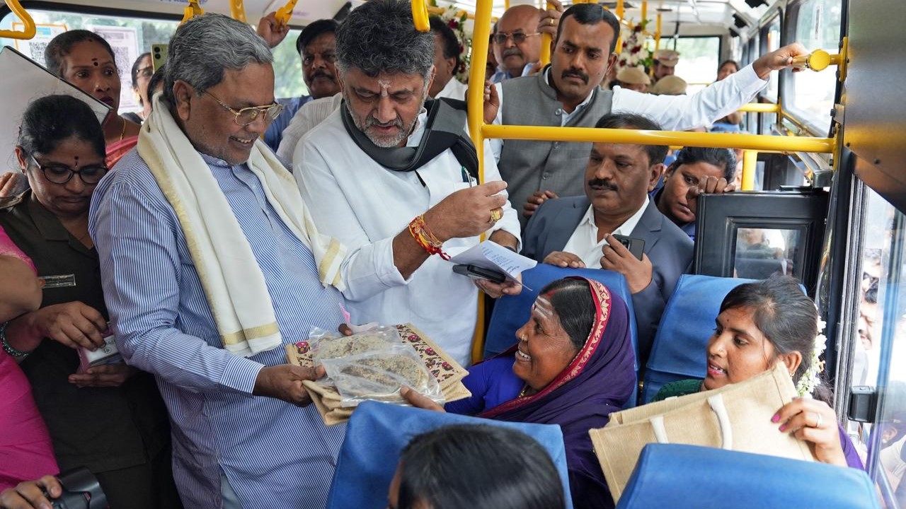 Karnataka Chief Minister Siddaramaiah and his deputy take a bus ride in celebration of the Shakti Scheme.