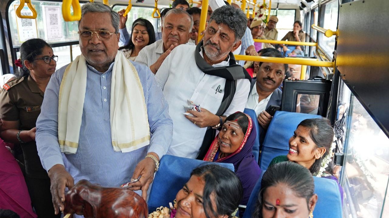 Karnataka Chief Minister Siddaramaiah and his deputy take a bus ride in celebration of the Shakti Scheme.