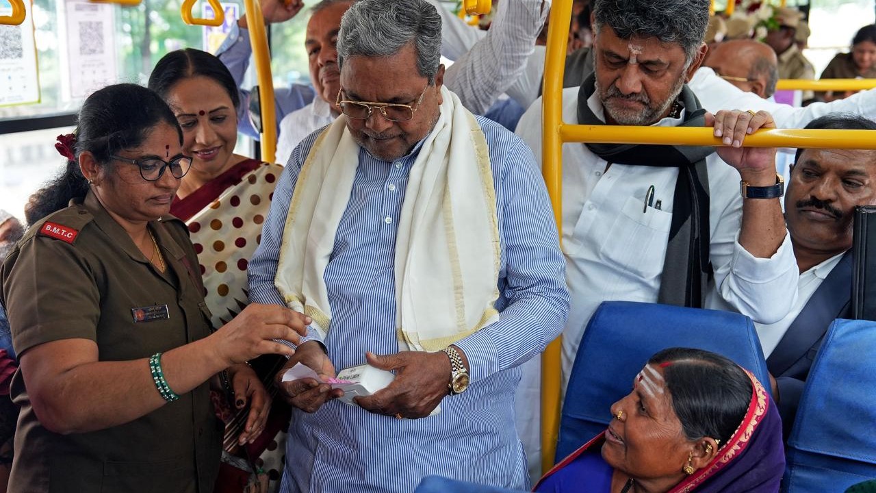 Karnataka Chief Minister Siddaramaiah and his deputy take a bus ride in celebration of the Shakti Scheme.