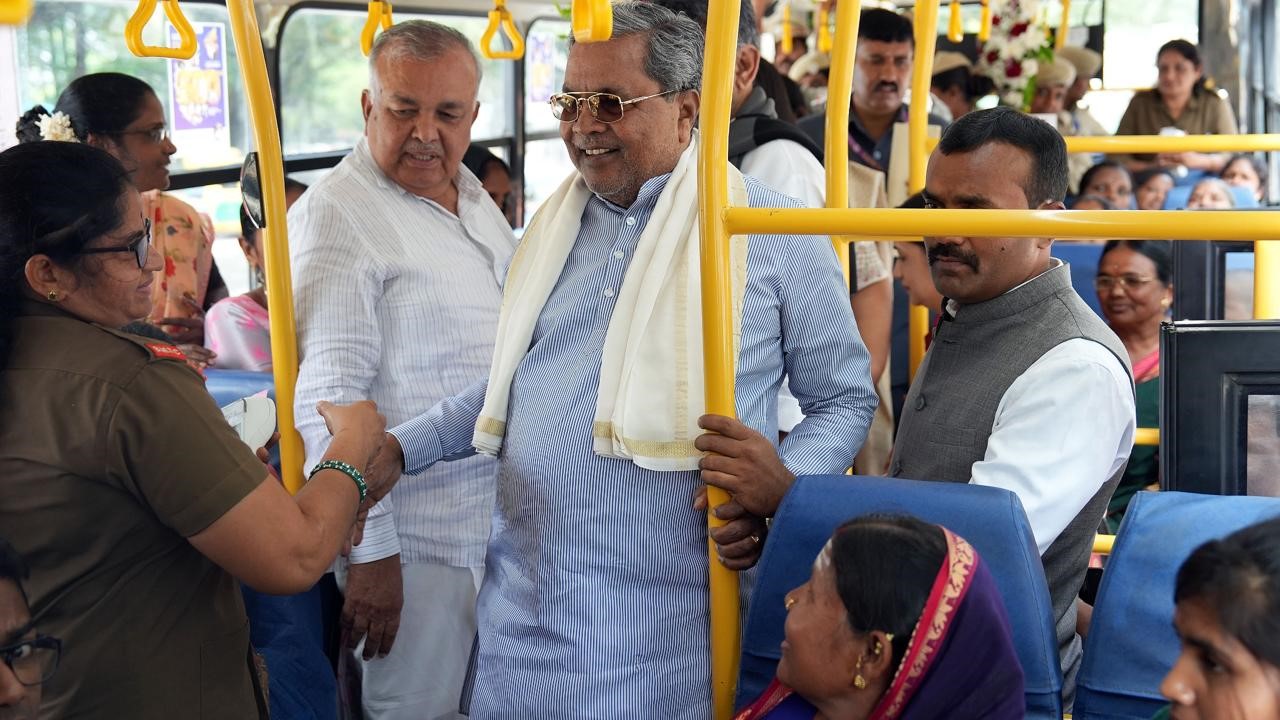 Karnataka Chief Minister Siddaramaiah and his deputy take a bus ride in celebration of the Shakti Scheme.