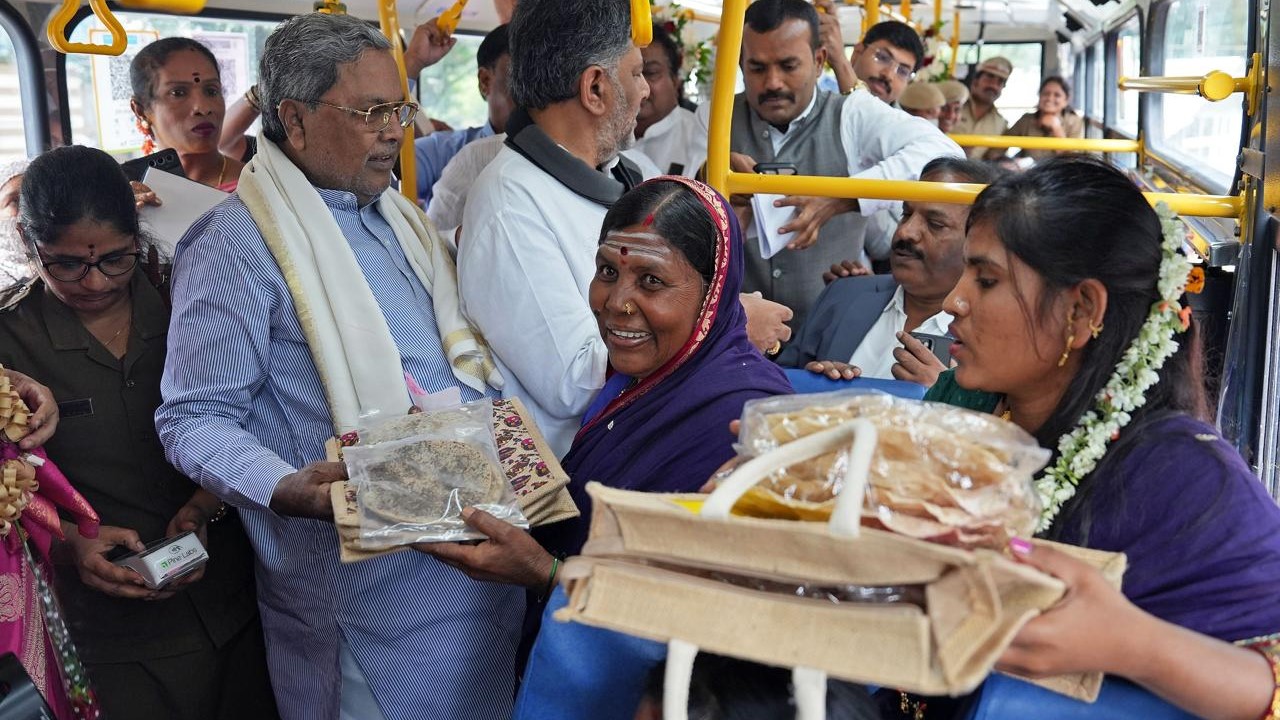 Karnataka Chief Minister Siddaramaiah and his deputy take a bus ride in celebration of the Shakti Scheme.