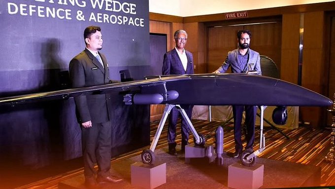 Flying Wedge Defence and Aerospace officials unveiling the Kaala Bhairava AI-powered combat aircraft.
