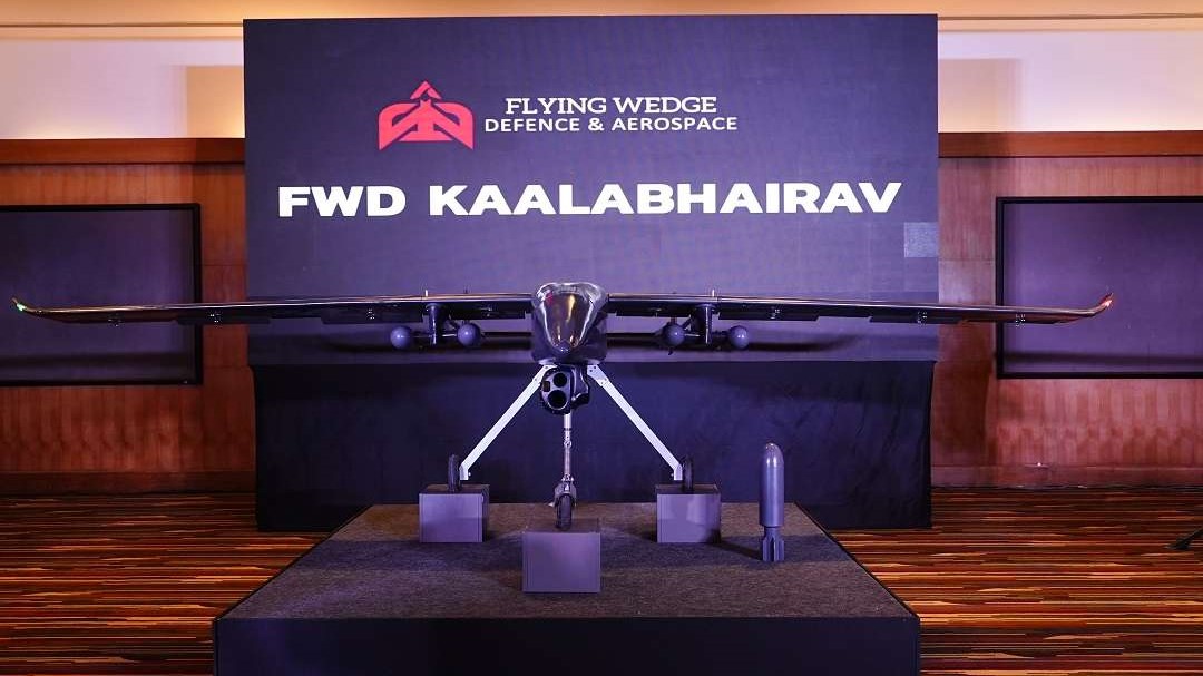 Flying Wedge Defence and Aerospace officials unveiling the Kaala Bhairava AI-powered combat aircraft.