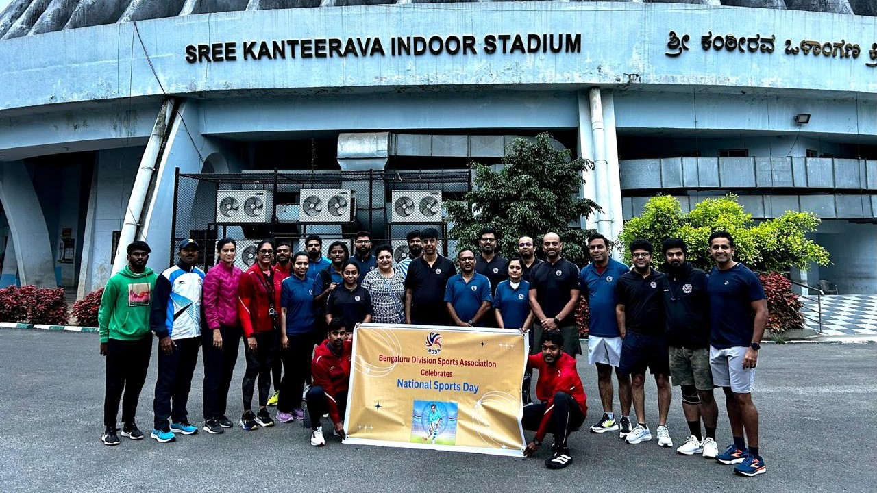 Railway officers and their families celebrating National Sports Day in Bengaluru on Monday.
