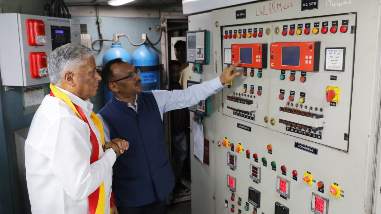 Union MoS for Railways, V Somanna, at the Yesvantpur Coaching Depot, along with senior officers.