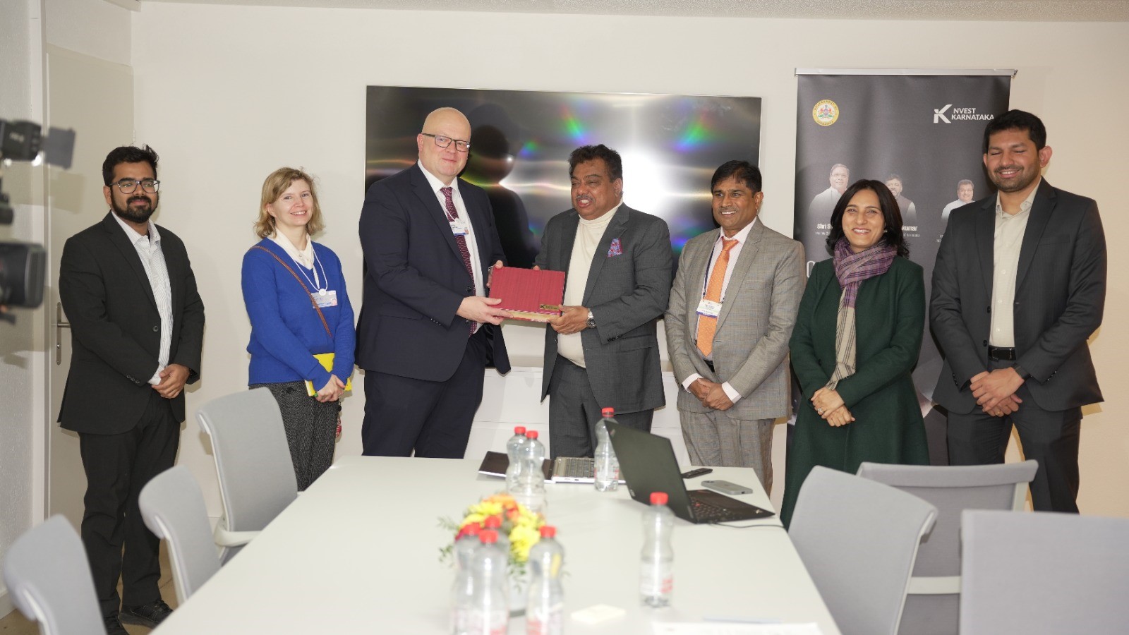 Karnataka Industries Minister MB Patil interacting with foreign firm leaderships at Davos recently.