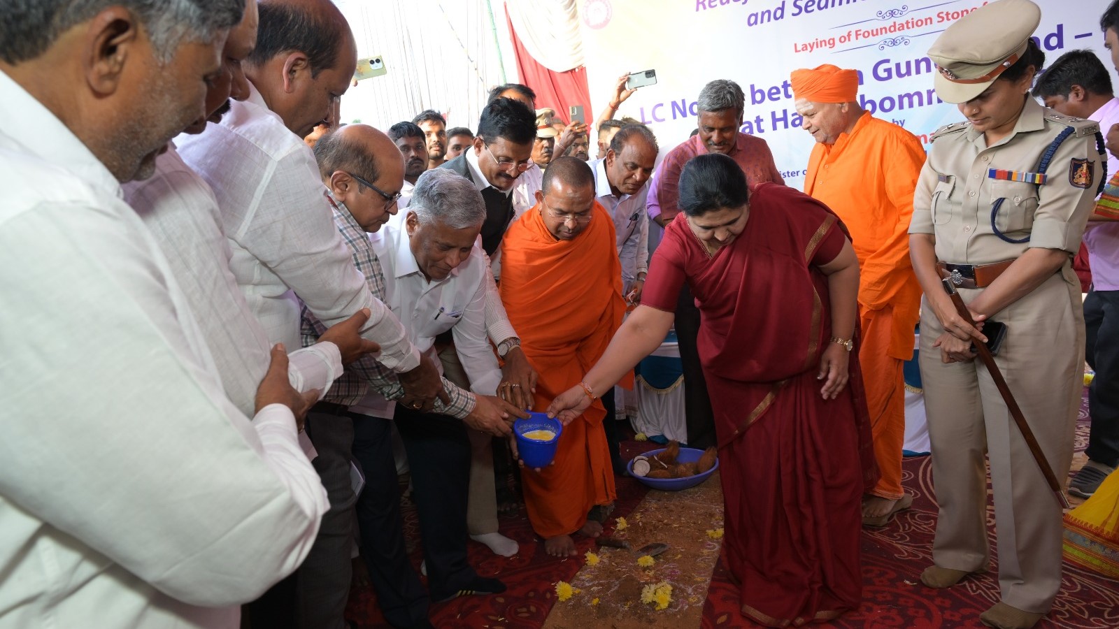 Minister of State for Railways, V Somanna, laying the foundation for an ROB in Ballari district.