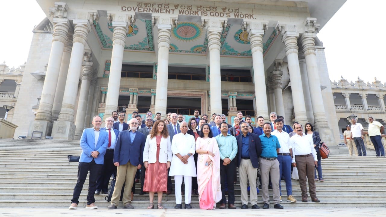 Karnataka Science and Technology Minister NS Boseraju chairing a meeting on Quantum technologies with an international delegation at the legislature in Bengaluru.
