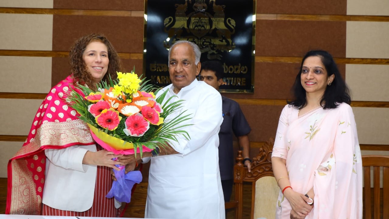 Karnataka Science and Technology Minister NS Boseraju chairing a meeting on Quantum technologies with an international delegation at the legislature in Bengaluru.