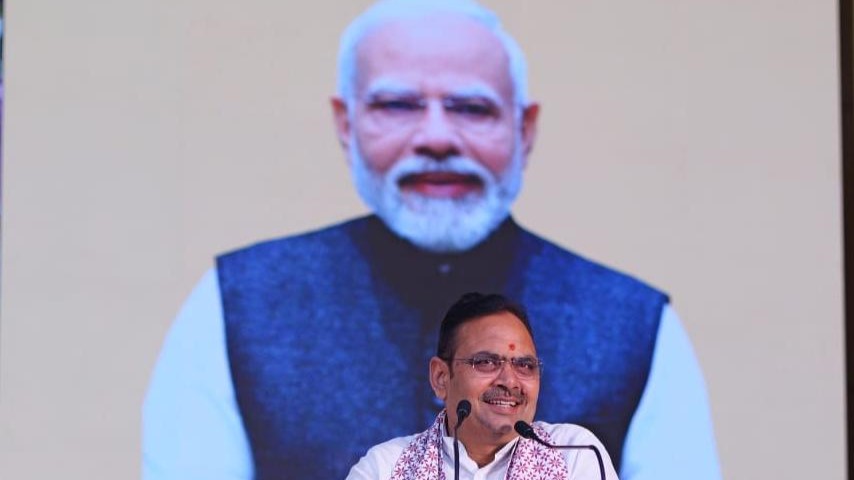 Rajasthan Chief Minister Bhajanlal Sharma speaking to the state's diaspora in Bengaluru  recently.