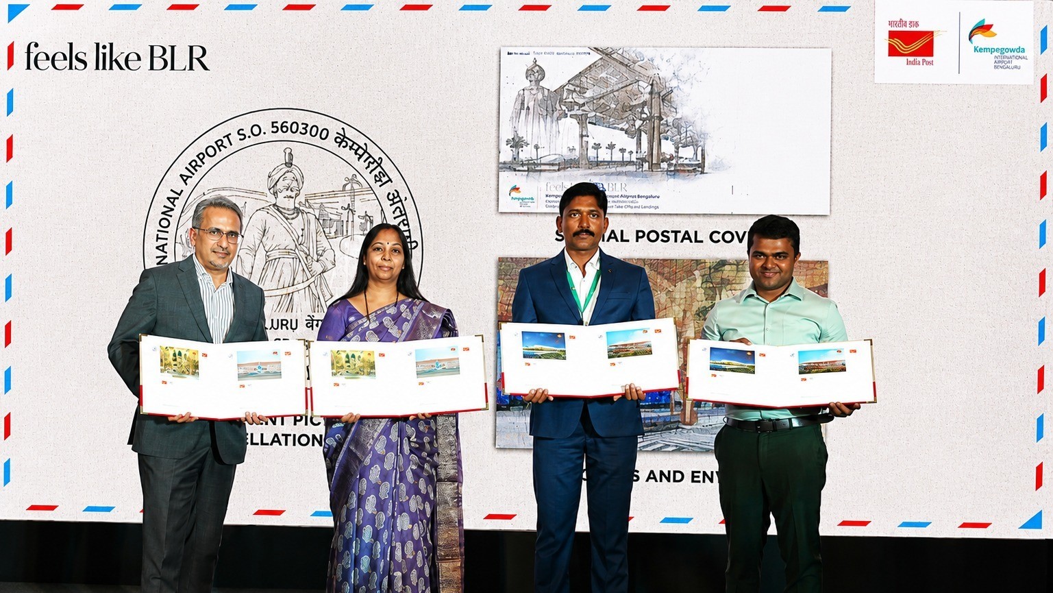 Officials of India Post and BIAL showcasing the offerings in tribute of KIA and the city of Bengaluru.